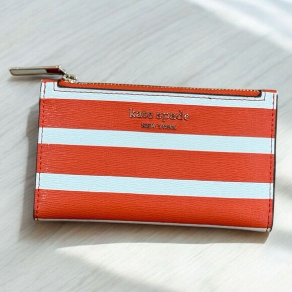 Kate Spade Small Slim Bifold Wallet Spencer Stripe Orange and White - Picture 1 of 6